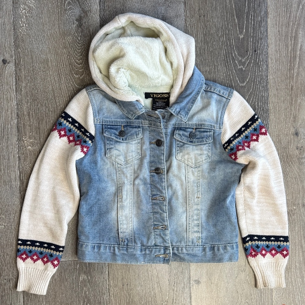 Vigoss Kids Blue Denim Jacket with Patterned Knit Sleeves 0407